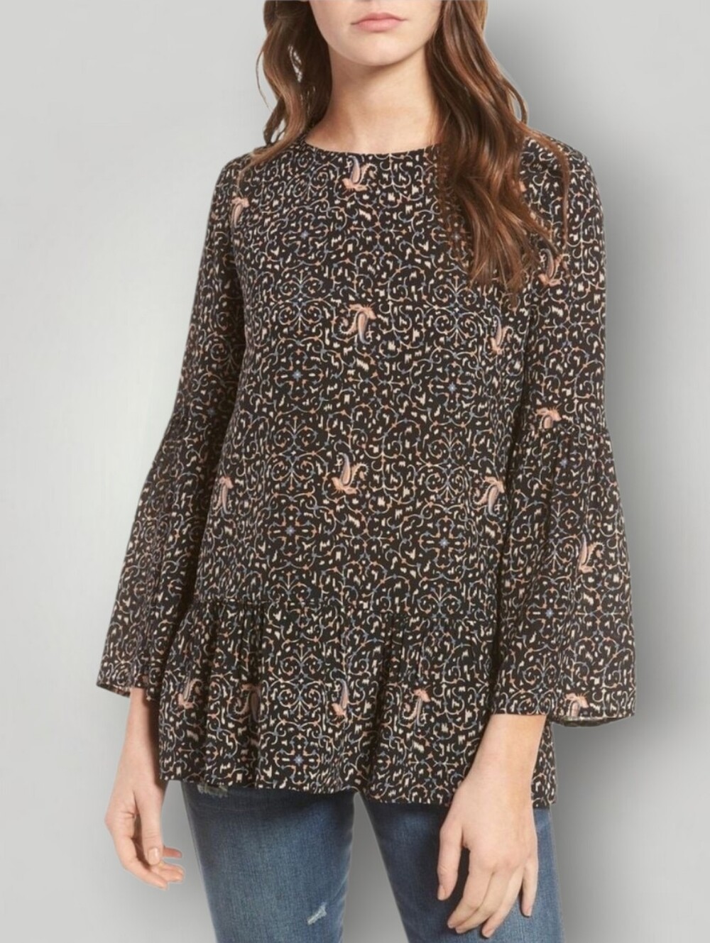 Madewell Studio Ruffle-Hem Top Black Paisley Peplum Boho Blouse Medium